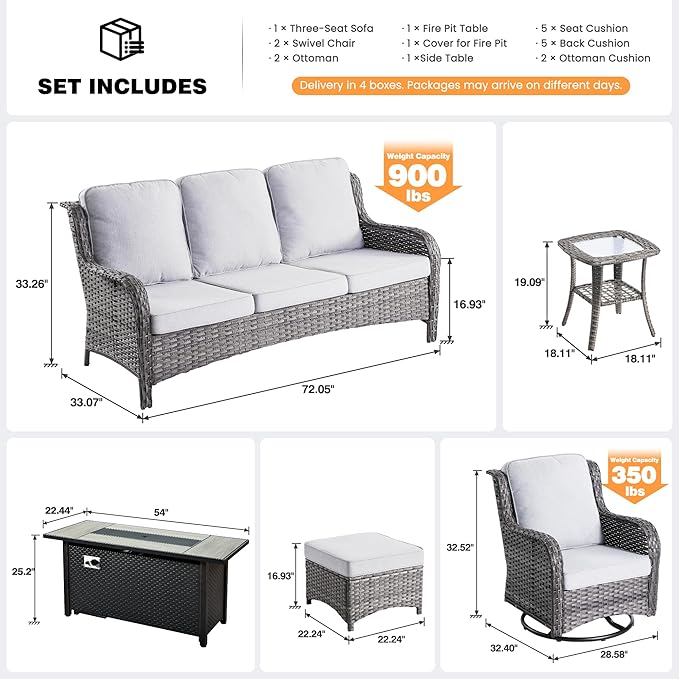 ovios 7 Pieces Patio Furniture Set, Outdoor Wicker Sofa Couch with Swivel Chairs 54" Fire Pit Table, High Back All Weather Modern Conversation Sets, Grey Rattan, Grey