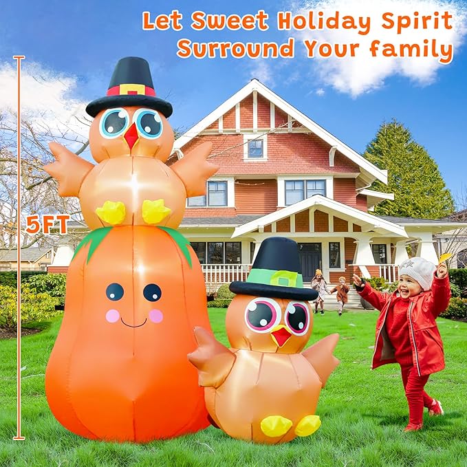 FunFanso 5FT Thanksgiving Inflatable Turkey on Pumpkin Outdoor Decoration, Lovely Blow Up Turkey with Built-in LED Lights for Garden Lawn Yard Home Party Decor, Powerful Blower for Fast Inflation