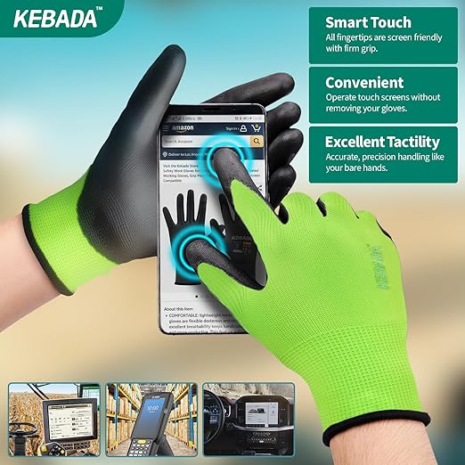 Kebada W1 Work Gloves for Men and Women, Touchscreen PU Coated Gloves with Grip, 50 Pairs Bulk Pack, Ideal for Warehouse Package Handling, Construction, Gardening, Green XX-Large