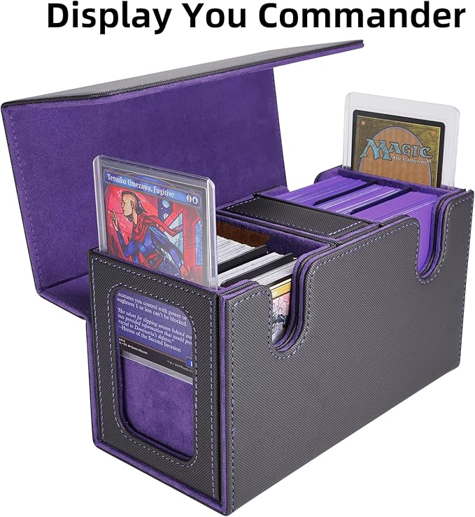 AFIING MTG Commander Card Storage Box - Fits 200 Double Sleeved Cards,3-in-1Card Deck Case,Strong Magnet Card Organizer For Magic Commander TCG CCG,4Dividers &2 Toploaders, Black/Purple