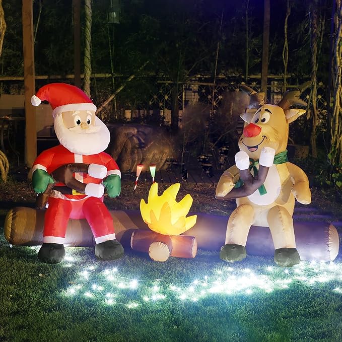 Joliyoou 7FT Christmas Inflatable Decorations, Blowup Santa and Reindeer Roasting Marshmallows Over Campfire, Lighted Xmas Inflatable for Yard Front Door Outdoor Indoor Decor