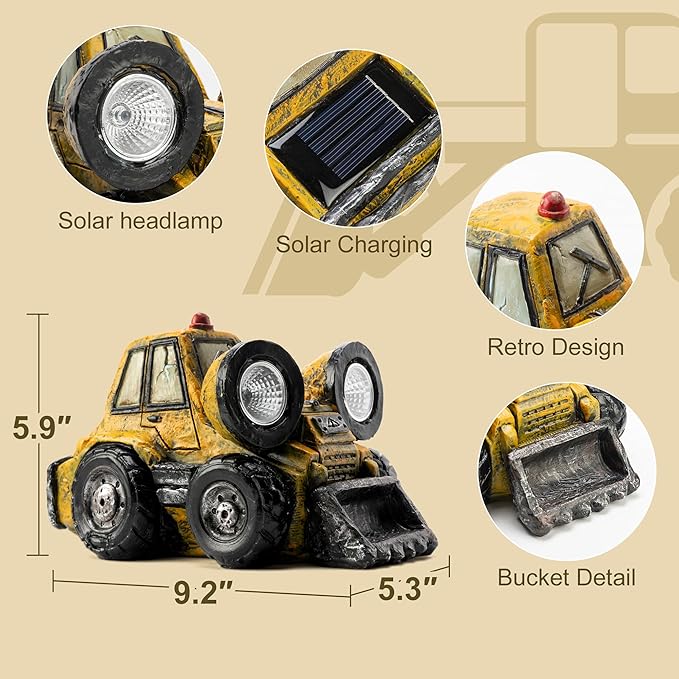 Garden Statue Outdoor Solar Light Decor with LED Light Rustic Vintage Bulldozer Construction Vehicle Decoration for Lawn Patio Yard Gifts for Women