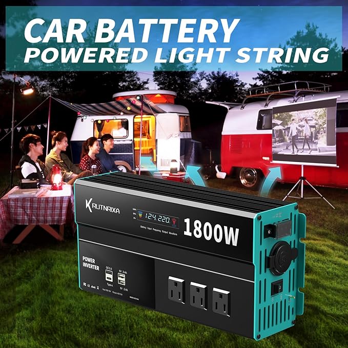 Power Inverters 12V DC to 110V AC Converter for Vehicles USB-C/PD 25W Fast Charging Ports Car Charger Adapter with a Cigarette Lighter Ports Plug Outlet (Modified sine wave-1800W)