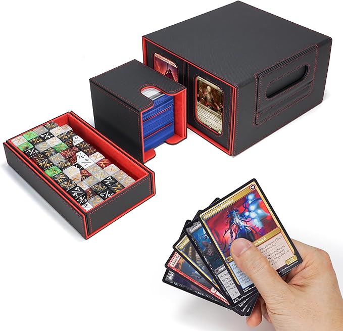 AFIING Commander Deck Box for MTG, Holds 400+ Double-Sleeved Cards, 4 Removable Deck Cases with Display Window, Dice Tray/Handle,Trading Card Storage Organizer/Dividers for TCG (Black Red)