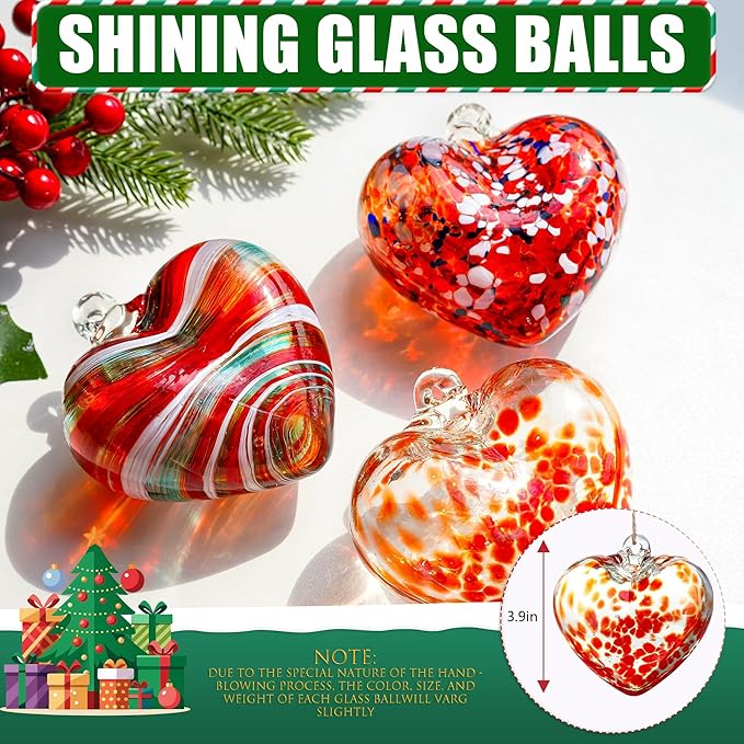 Love Heart Hand Blown Glass Gazing Balls for Garden Hanging Friendship Balls Christmas Ball Ornaments for Xmas Tree Decoration (Red - B)