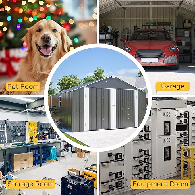 12x20 FT Garage Shed Outdoor Storage 1810 CU.FT Large Metal Garden Tool Sheds for Vehicle with Lockable Doors Floor Frame Window Gable Roof Waterproof for Backyard Patio Lawn, Black