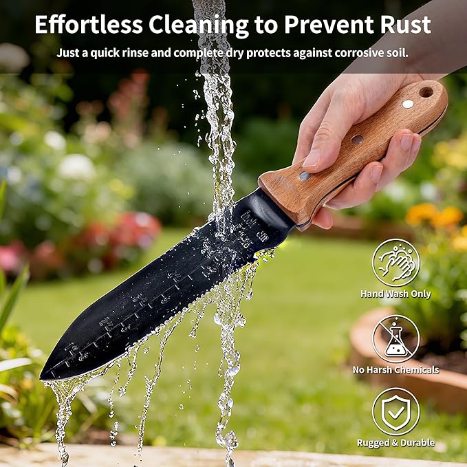 YANG Hori Hori Garden Knife, 7" Stainless Steel Gardening Knife with Oxford Cloth Sheath, Full Tang Beechwood Handle EDC Garden Tool for Digging, Planting & Weeding, Pointed Tip for Hard Soil