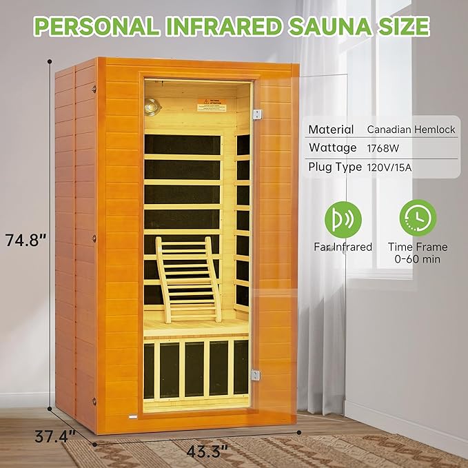 Real Relax Home Infrared Sauna, 1-2 Person Canadian Hemlock Wood Indoor Dry Saunas Room with Low Emf Red Light Therapy with Bluetooth Speakers, 9-Color Chromotherapy Lights