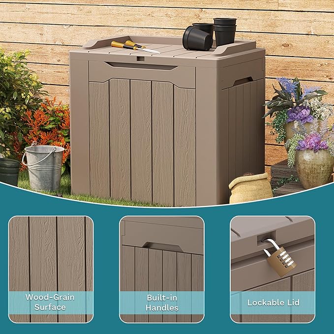 Patiolife 30 Gallon Resin Deck Box, Small Outdoor Storage for Garden Tools, Pool Supplies, Waterproof and Lockable, Brown