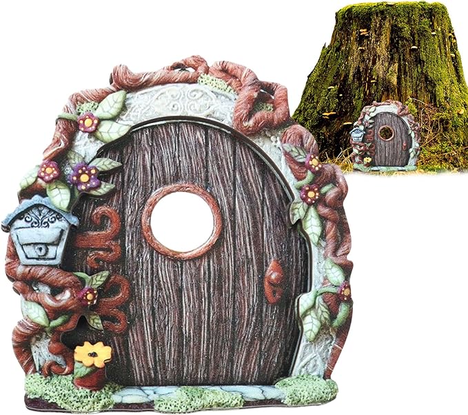Miniature Fairy Door, Wooden Gnome Door for Trees Wall, Fairy Garden Outdoor Decor Accessories