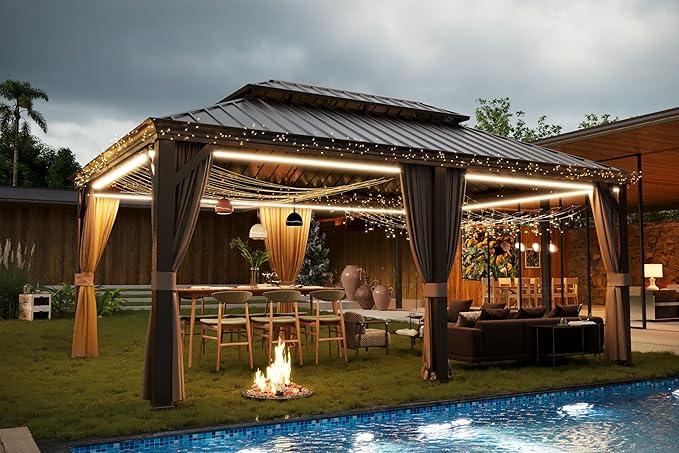 12' x 20' Outdoor Hardtop Gazebo Aluminum Frame with Double Metal Roof, Canopy Netting, Curtain, Patio Permanent Galvanized Steel Gazebo for Backyard, Garden, Party, Deck, Lawn