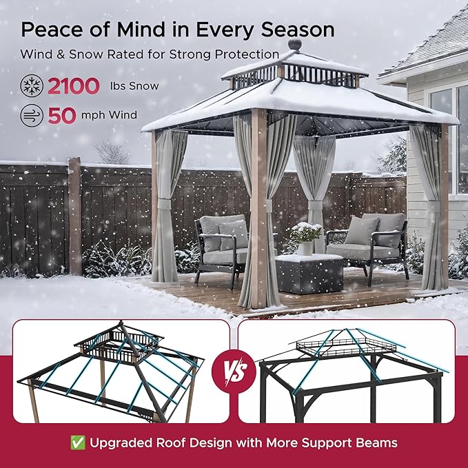 SUNJOY Kingston 10' x 10' Hardtop Gazebo with Galvanized Steel/Polycarbonate Double Roof, Curtain and Netting, Woodgrain Finish Aluminum Posts Permanent Pavilion Gazebo for Garden, Patio, Deck, Lawn