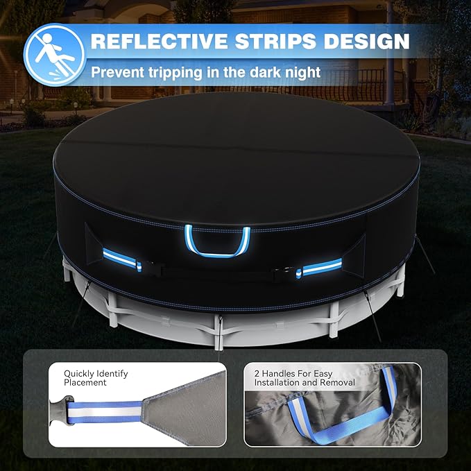 24 Ft Round Pool Cover with Reflective Strips, 420D Swimming Pool Cover for Above Ground Pools, Solar Cover with Drawstring and Ground Nails for Dustproof, UV Protected