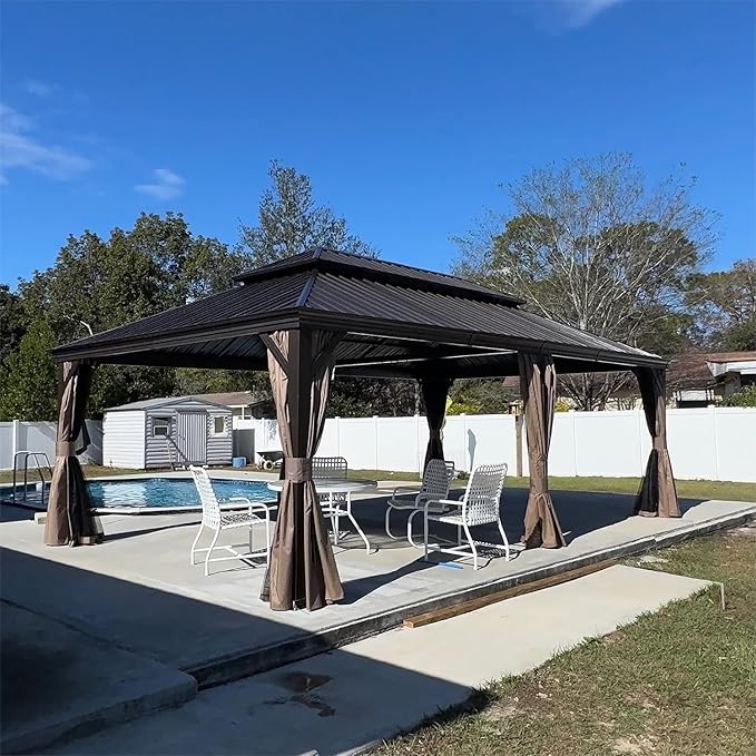 Domi 14' X 22' Hardtop Gazebo Outdoor Metal Gazebo Canopy with Galvanized Steel Double Roof, Aluminum Frame, Curtains and Netting for Patio, Deck, Garden, Brown