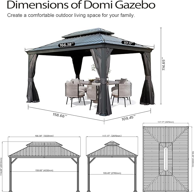 Domi 10x14FT Outdoor Gazebo, Hardtop Gazebo with Galvanized Steel Double Roof, Metal Gazebos with Drainage System Patio Pergola for Patio Deck Backyard,Curtain and Netting,Gray