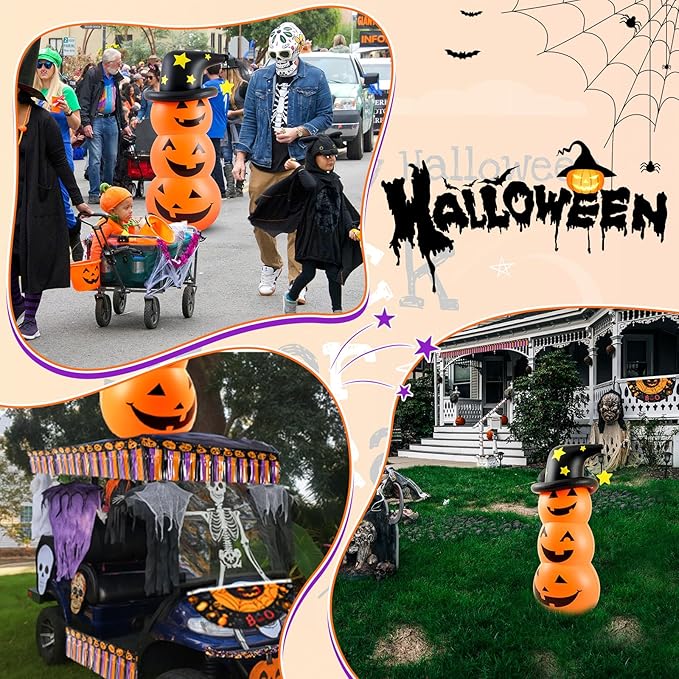 Hungdao 5ft Halloween Inflatable Pumpkin Halloween Golf Cart Decorations Kit PVC Blow Ups Pumpkins Tinsel Garlands Tinsel Streamers Fan Flag, Reusable Outdoor Decoration for Parade Yard