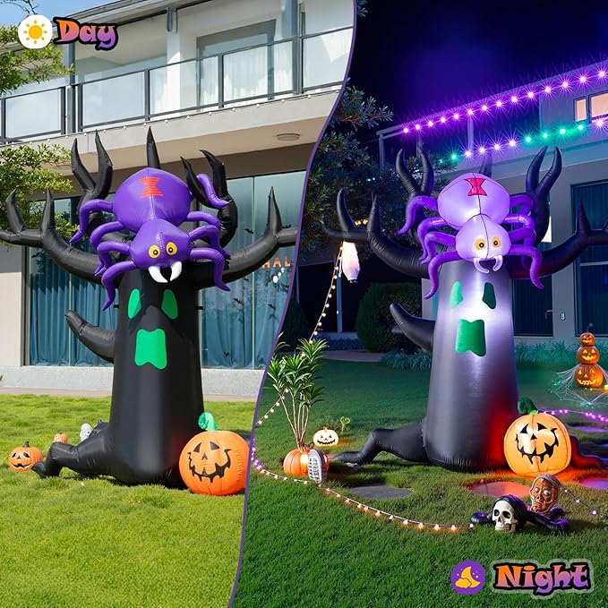 7FT Halloween Inflatable Tree with Giant Purple Spider and Pumpkin, Spooky Blow Up Yard Decoration with LED Lights for Outdoor Lawn, Garden, Party, Holiday Event Decor