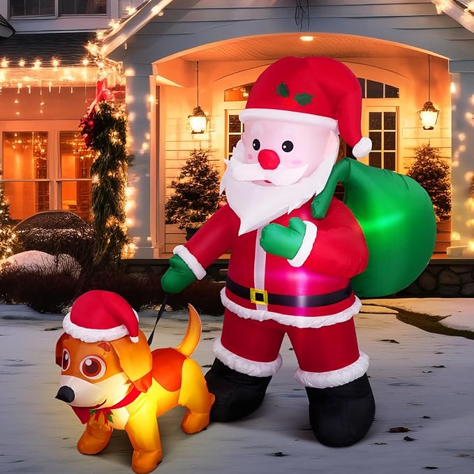 Leyndo 6 FT Christmas Inflatable Santa Claus Outdoor with a Gift Bag and a Dog Blow Up Decoration with LED Lights Cute Xmas for Holiday Party Yard Garden Lawn Decor