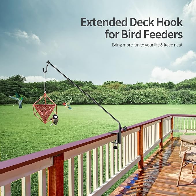 4 Pack Heavy Duty Fence Deck Hook 31 Inch for Bird Feeder-Extended-Adjustable-360 Degree Rotary-Solid Rod Plant Bracket Hanging Hooks for Planters, Suet Baskets, Lanterns, Wind Chime,Unassembled