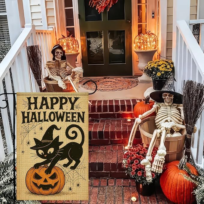 Happy Halloween Garden Flag 12x18 Inch Double-Sided Black Cat Flags Pumpkin Spider Web Design Fall Outdoor Decoration Polyester Yard Banner for Porch or Lawn