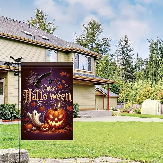 Halloween Garden Flag Happy Halloween Pumpkin Ghost Flag Double Sided Outdoor Yard Banner Fall Seasonal Decoration for Garden Lawn Patio Party Autumn Outdoor Yard Decor 12x18 Inch