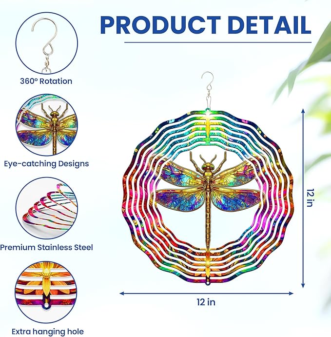 FLAGWIX Christmas Dragonfly Gifts for Women - 3D Stainless Steel Metal Wind Spinners 12 in - Dragonfly Wind Spinners Outdoor, Yard Garden Decor for Outside, Christmas Garden Gifts for Mom Grandma