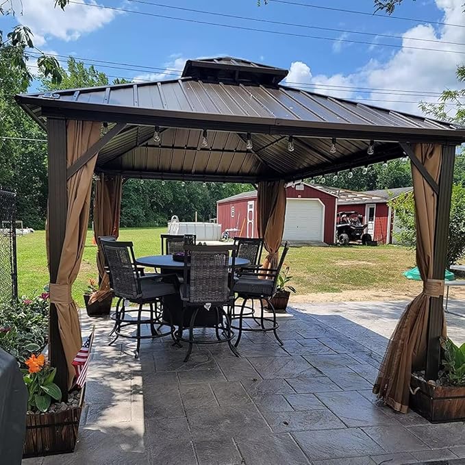 Domi 10'x10' Hardtop Gazebo Canopy,Outdoor Metal Gazebo with Galvanized Steel Double Roof,Curtain and Netting,Permanent Gazebos Pavilion for Patio Deck,Backyard