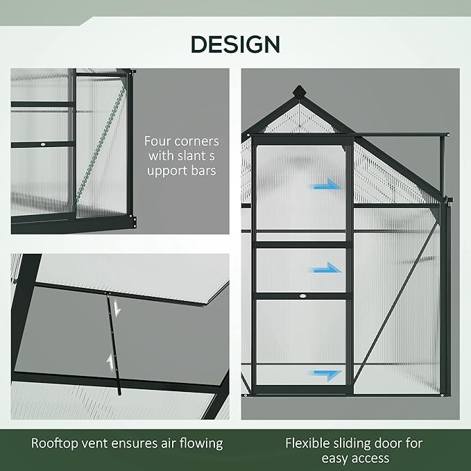 Outsunny 6' x 6' Greenhouse for Outdoors, Polycarbonate Greenhouse with Rain Gutter and Roof Vent, Aluminum Walk-in Green Houses for Outside for Patio Backyard Garden, Gray