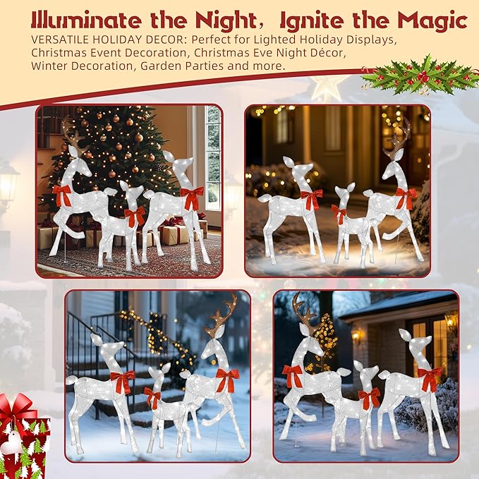 4.5Ft Lighted Reindeer Outdoor Christmas 2D Deer Family Sets Outdoor Reindeer Christmas Yard Decoration with LEDs/Stakes/Zip Ties for Holiday Patio Lawn Garden