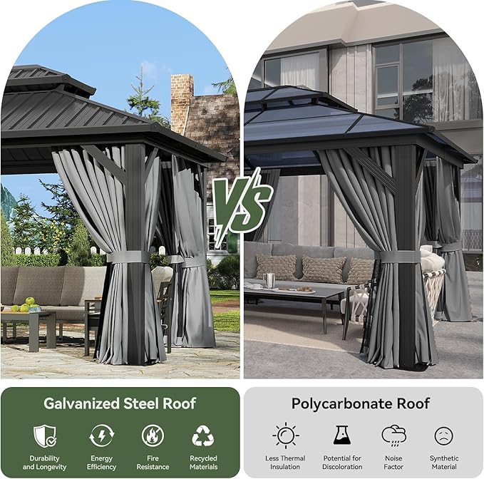 Aoxun 12'x10' Hardtop Gazebo, Aluminum Frame Permanent Pavilion with Curtains and Netting, Outdoor Galvanized Double Roof Canopy, Designed for Garden, Lawns, Patio, with Ground Nails