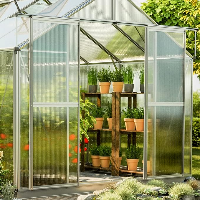 Greenhouse Topas 5 Aluminum Frame 7.4 x 10.6 ft Approx. 8 mm Polycarbonate Panels - with Bonus Base Frame and Automatic Vent Opener