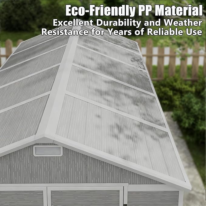 Outdoor Shed 5x3/6x4/7x7/8x6/8x10/8x12 FT, 15MM Thick PP Resin Plastic Shed with Lockable Door & Floor - Waterproof Plastic Tool Shed for Bike, Garbage Can, Backyard, Patio ﻿ ﻿ (Grey, 8x12FT)