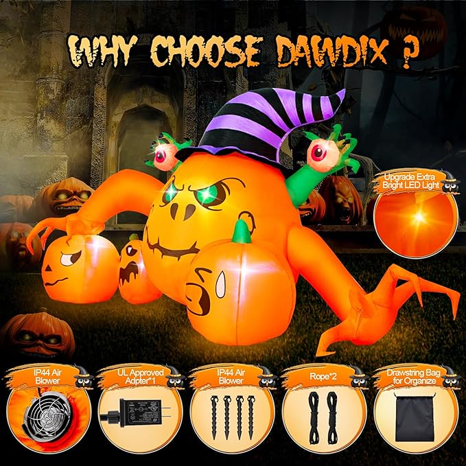 8FT Pumpkin Halloween Inflatables Outdoor Decoration with 7 LED Lights Built-in, Pumpkin Combo with Wizard Hat and Scary Hands, Blow Up Halloween Decor for Outside Yard Patio Lawn