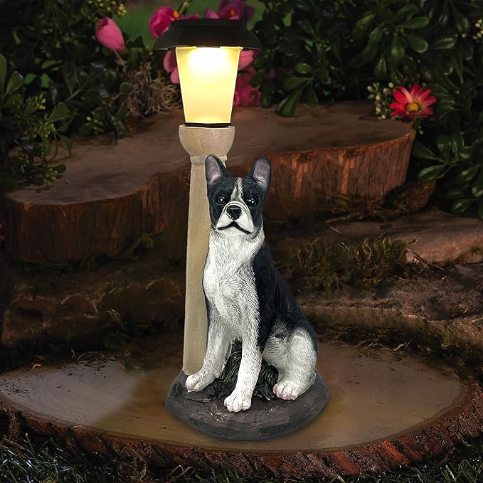 Solar Dog Garden Statues with Lantern, Resin Boston Terrier Sculpture with Warm White Light for Outside Lawn Porch Patio