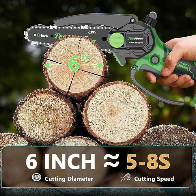 Mini Chainsaw Cordless 6 Inch, Electric Chainsaw Battery Powered with Auto Oiler, Security Lock for Wood Cutting, Tree Trimming, Garden & Household Use(1 Batterie)