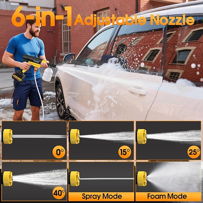 Cordless Pressure Washer, 21V Portable Pressure Washer Cordless, 130Bar Powerful car Washer with 2 * 3.0AhBattery&Multifunctional Nozzle, for Cars/Floors/Gardens