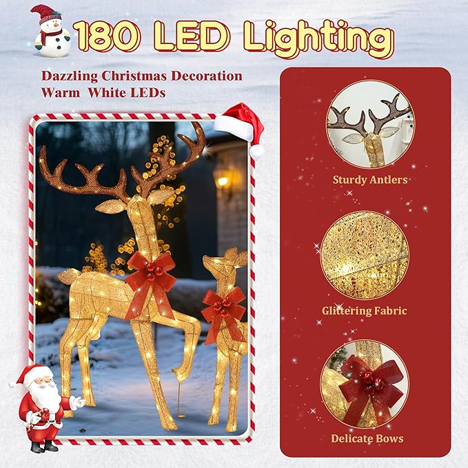 3D Reindeer Family Christmas Decor Set 4.5Ft Lighted Christmas Reindeer/Deer Family Set Outdoor Christmas Yard Decorations with Stakes & Zip Ties for Holiday Lawn Patio Party