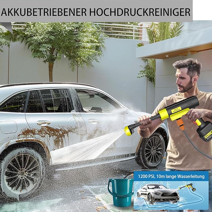 Portable Cordless Pressure Washer, 1200 PSI Portable Power Washer Can be Connected Directly to The Tap with 2 Battery, 6 in 1 Nozzle, 33FT Hose, for Car, Fence, Floor, Patio