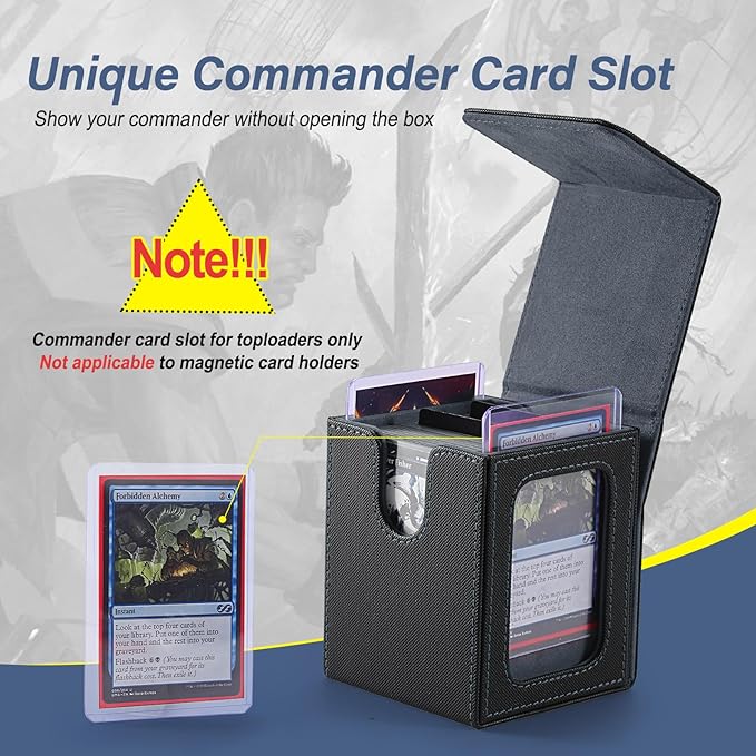 MTG Deck Box, Double Display Window MTG, Commander Deck Box Fits 120+ Single Sleeved Cards, PU Leather Magnetic Closure Card Box with 2 Dividers&2 Toploaders for TCG, CCG, Black/Grey