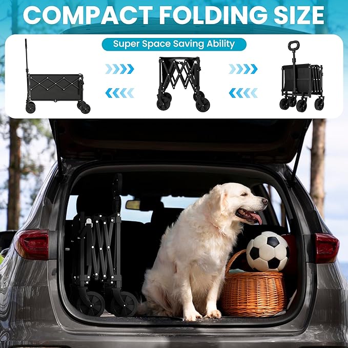Collapsible Wagon with Tailgate, Ultra-Compact & Portable Folding Wagon with 350lbs Capacity, Lightweight Portable Utility Wagon Cart for Shopping Camping Sports Garden (Black)