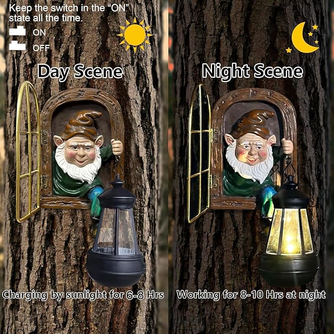 Fairy Garden Garden Gnomes with Solar Lantern Lights - Whimsical Elf Out The Window Yard Decorations Outdoor Tree Hugger Statues, Tree Face Sculpture, Ideal Gnomes Gifts for Patio, Fence, Wall