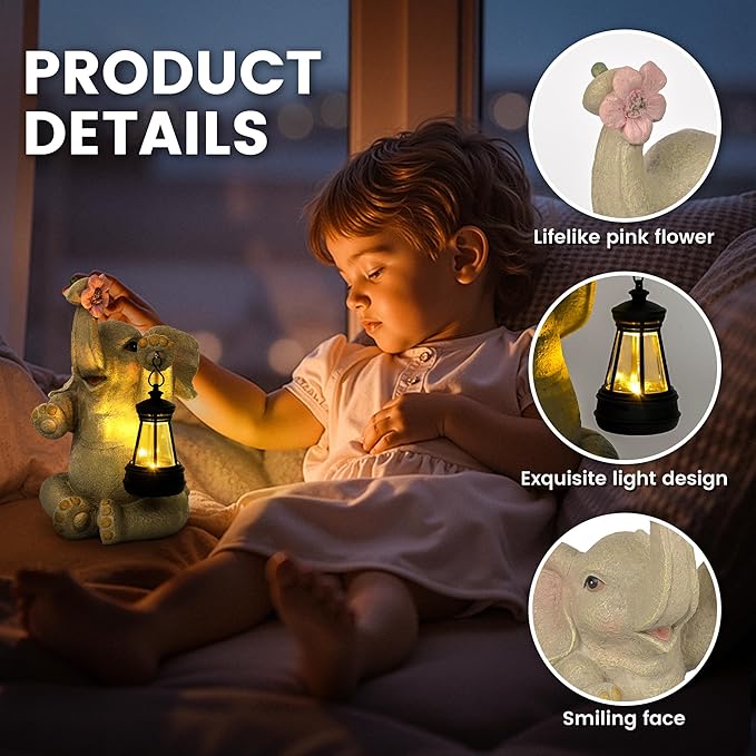 GIGALUMI Solar Garden Statues Elephant with Lantern Elephant Gifts for Women Birthday Gifts for Mom. Elephants Figurine Solar Garden Decor Outdoor Statues for Yard, Patio, Balcony, Lawn, Pond