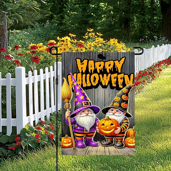 Halloween Horror Garden Flag 12x18 Inch Pumpkin Gnome Happy Halloween Flag Lantern Flames Outdoor Yard Decor House Banner Porch Lawn Patio Home Decoration