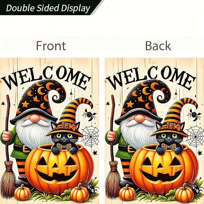 Welcome Halloween Gnome Decorative Garden Flag Halloween Black Cat Garden Flag 12x 18 Inch Double Sided Spooky Pumpkin Welcome Yard Flag Holiday Seasonal Outdoor Outside Decoration