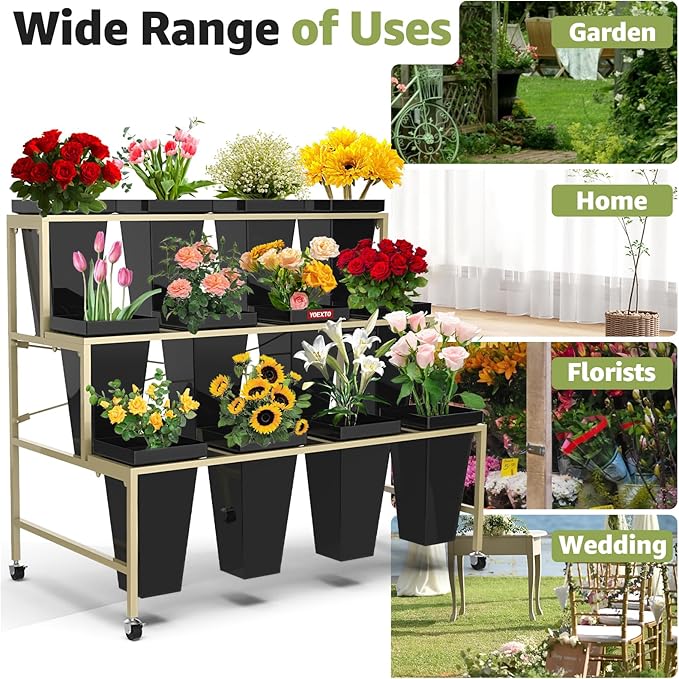 Flower Display Stand 3 Layers with Buckets, 12 PCS Buckets Plant Stand with Wheels, Movable Metal Plant Stand for Terrace Garden, Living Room, Florist Shop