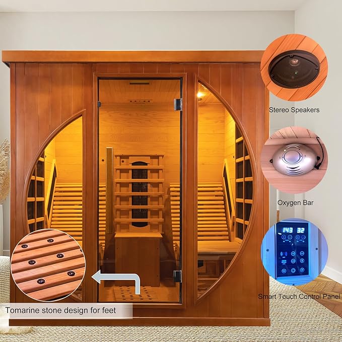 Smartmak Full Spectrum Infrared 2 Person Sauna Room, Red Light Therapy Luxury Wood Home Sauna with Recliner, Canadian Red Cedar Indoor Dry Saunas Spa, 3400W with 10 Heaters, Speaker, Light, Oxygen Bar
