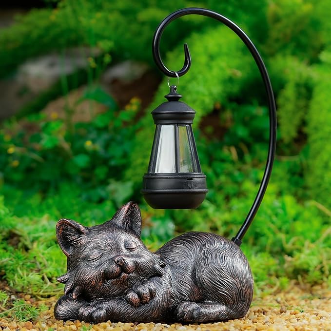 Outdoor Cat Figurine Garden Statue with Solar-Powered LED Light 13.77 Inches Tall, Gift Garden Statue Decor for Cat Lovers