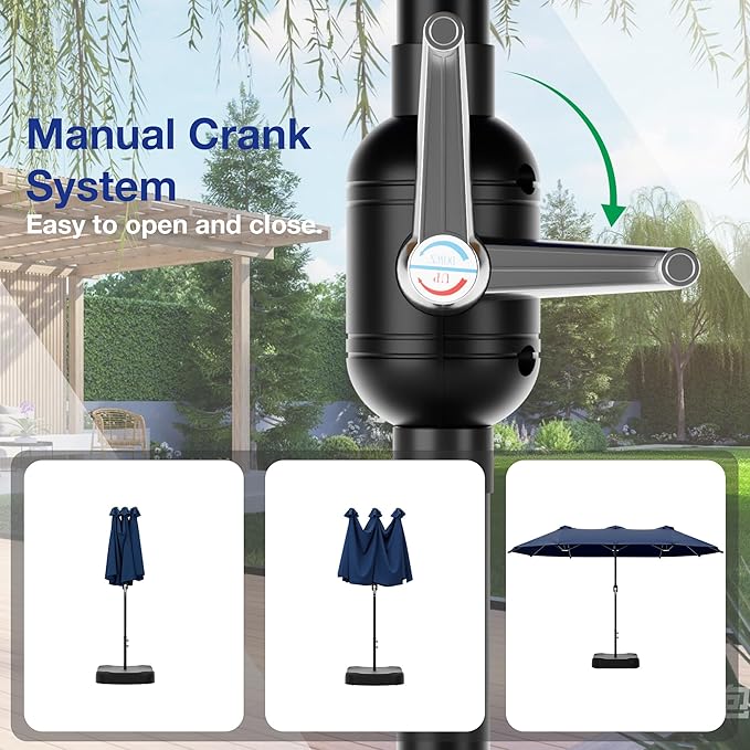 Joyside 15FT Large Patio Umbrella with Base Included, Outdoor Double Sided Umbrella, Rectangle Umbrella with Crank Handle, 12 Sturdy Ribs for Deck, Porch and Pool