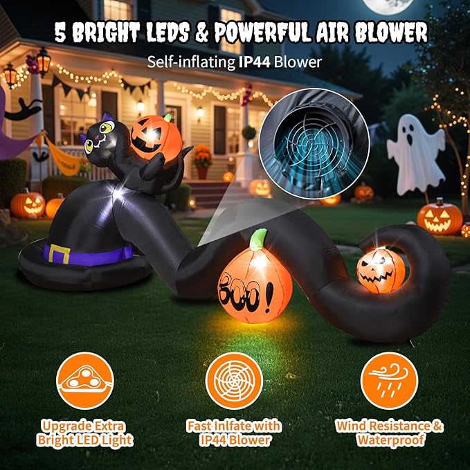 9FT Halloween Inflatable Witch Hat with Black Cat & Pumpkins, Large Blow Up Yard Decoration with 5 Built-in Lights, Cute Halloween Outdoor Inflatables for Party Garden Patio Lawn Decor