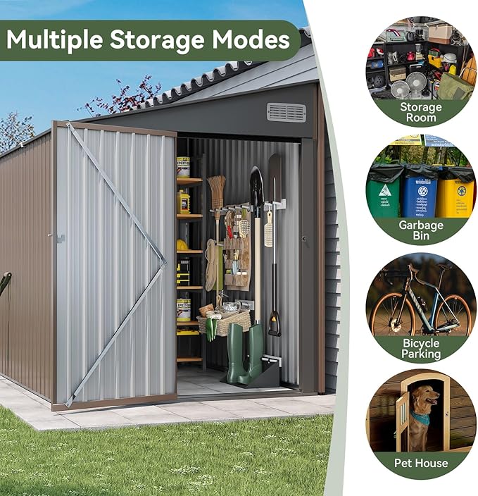 7'x5.5' Lean to Shed Large Storage Room Galvanized Steel Storage Sheds with Side Door Waterproof Utility Shed with Sloped Roof for Mower, Bike, Garden Tools (Brown)